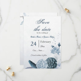 marine stoffige blauwe bloemen botanische bruiloft save the date