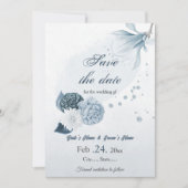 marine stoffige blauwe bloemen botanische bruiloft save the date (Voorkant)