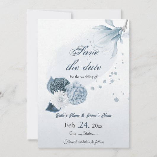 marine stoffige blauwe bloemen botanische bruiloft save the date (Voorkant)