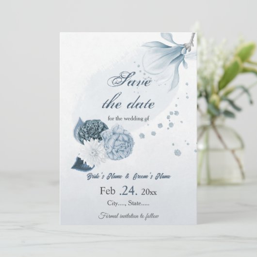 marine stoffige blauwe bloemen botanische bruiloft save the date (Staand voorkant)