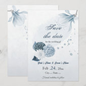 marine stoffige blauwe bloemen botanische bruiloft save the date (Voorkant / Achterkant)