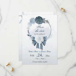 marine stoffige blauwe bloemen botanische bruiloft save the date