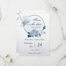 marine stoffige blauwe bloemen botanische bruiloft save the date