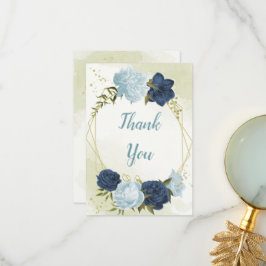 marine stoffige blauwe bloemen groene bladeren bru bedankkaart