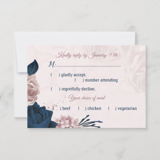 marine & stoffige roos bloemen maaltijdkeuze RSVP- RSVP Kaartje (Voorkant)