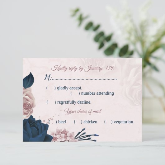 marine & stoffige roos bloemen maaltijdkeuze RSVP- RSVP Kaartje (Staand voorkant)
