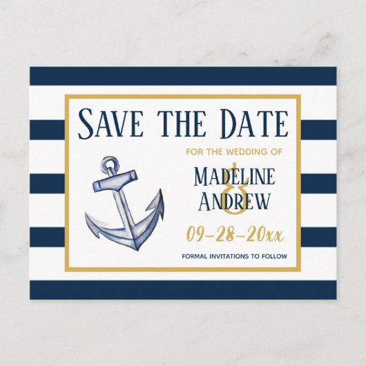Marine strepen en anker Save the Date Aankondigingskaart (Voorkant)