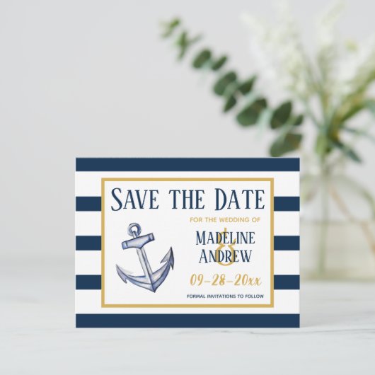 Marine strepen en anker Save the Date Aankondigingskaart (Staand voorkant)