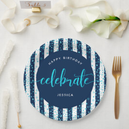 Marine strepen turquoise glitter script verjaardag papieren bordje