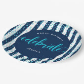 Marine strepen turquoise glitter script verjaardag papieren bordje (Gekanteld)