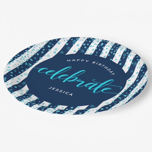 Marine strepen turquoise glitter script verjaardag papieren bordje (Gekanteld)