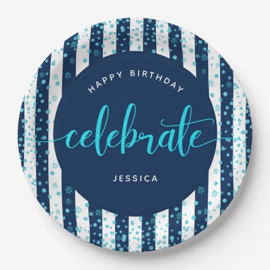Marine strepen turquoise glitter script verjaardag papieren bordje (Voorkant)