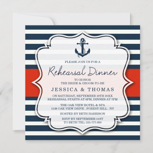 Marine Stripe Nautische bruiloft repetitie diner Kaart (Voorkant)