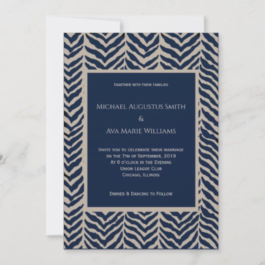 Marine & Taupe visgraat bruiloft uitnodiging (Voorkant)