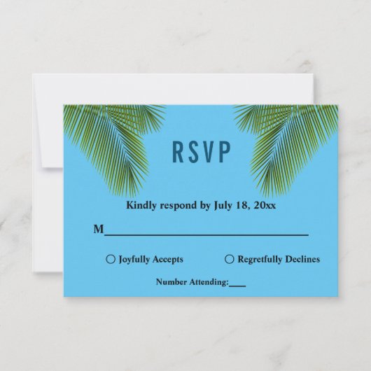 Marine Tropische Palm Blauw Strand Kustbruiloft RSVP Kaartje (Voorkant)