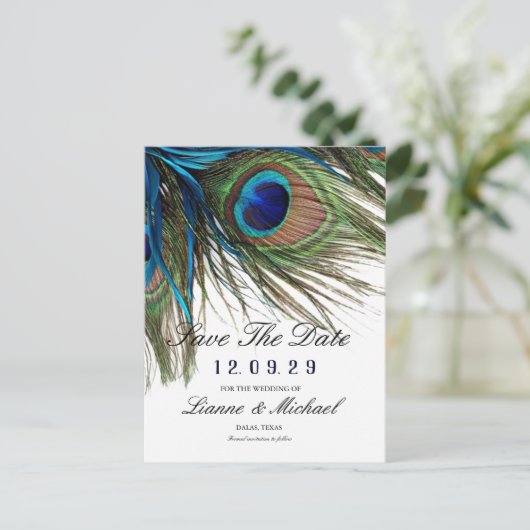 Marine Turquoise Pauwveer Boho Bewaar de Datum Aankondigingskaart (Staand voorkant)