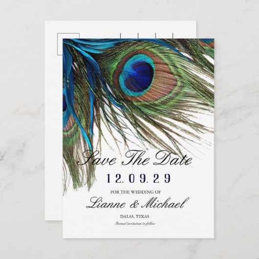 Marine Turquoise Pauwveren Boho Save the Date Aankondigingskaart (Voorkant / Achterkant)