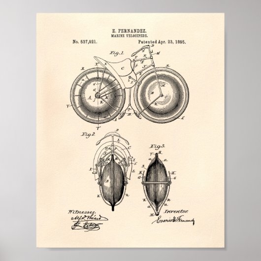 Marine Velocipede 1895 Patent Art Old Peper Poster (Voorkant)