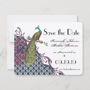 Marine & Very Berry Elegante Damast Pauw Huwelijk Save The Date