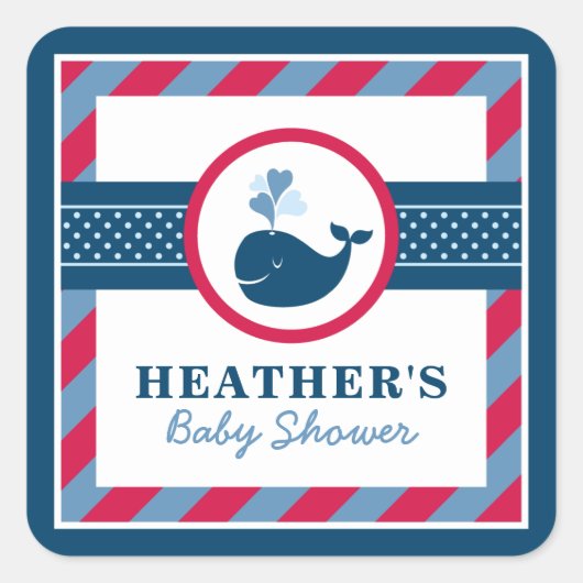 Marine walvis rode baby shower vierkante sticker (Voorkant)