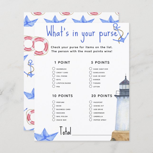 Marine - Wat in je tas baby shower (Voorkant / Achterkant)