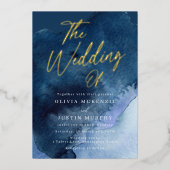 Marine Waterverf Modern Wedding Gold Folie Uitnodiging (Voorkant)