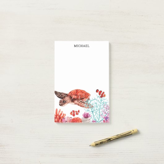 Marine Waterverf Zee Turtle Gepersonaliseerde naam Post-it® Notes (Op bureau)