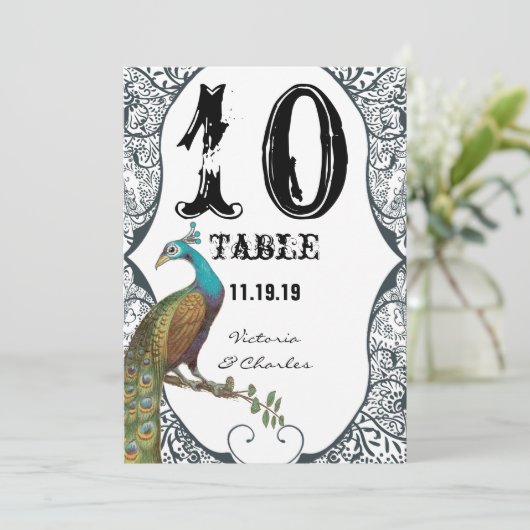Marine Whimsical Pauw Huwelijk Liefdesvogel Tafel  Kaart (Staand voorkant)