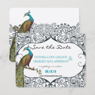 Marine Whimsical Pauw Liefdesvogel Save the Date Kaart