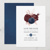 Marine, wijnrood en roosgoud bloemend 'Save the Da Save The Date (Voorkant / Achterkant)