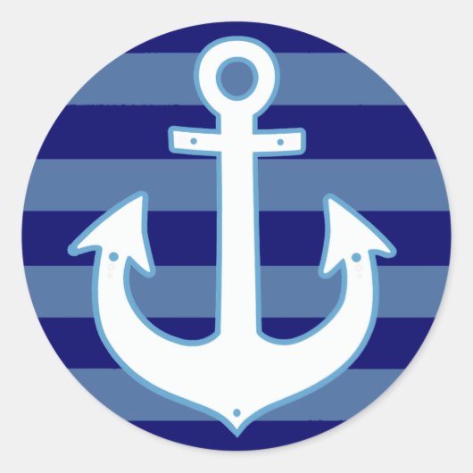 Marine wit anker & blauwe strepen ronde sticker (Voorkant)