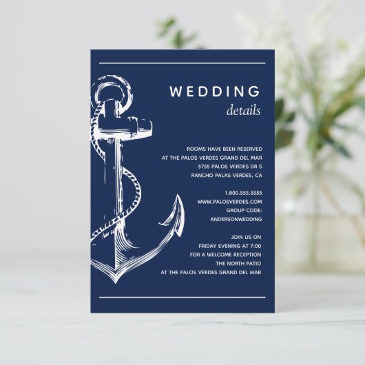 Marine wit anker bruiloft detail informatiekaartje (Staand voorkant)