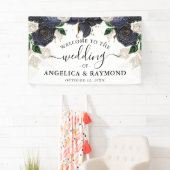 Marine & Wit Bloemen Elegante Bruiloft Welkomstban Spandoek (Insitu)
