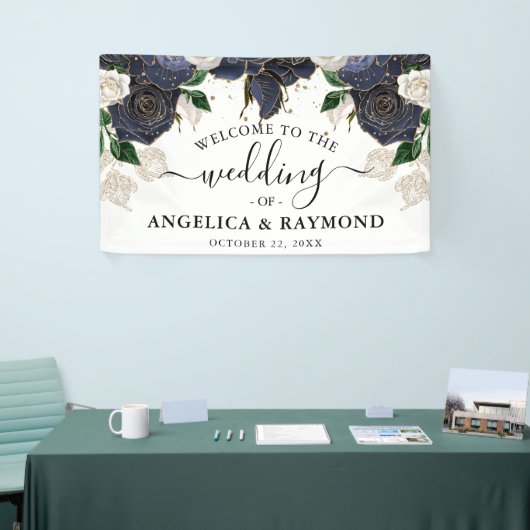 Marine & Wit Bloemen Elegante Bruiloft Welkomstban Spandoek (Beurs)