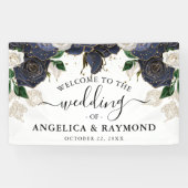 Marine & Wit Bloemen Elegante Bruiloft Welkomstban Spandoek (Horizontaal)