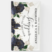 Marine & Wit Bloemen Elegante Bruiloft Welkomstban Spandoek (Verticaal)