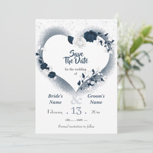 Marine & wit bloemenhart save the date (Staand voorkant)