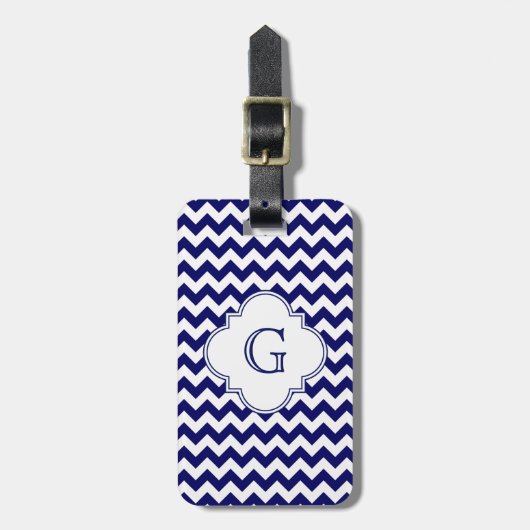 Marine Wit Chevron Wit Quatrefoil Monogram Bagagelabel (Voorkant verticaal)