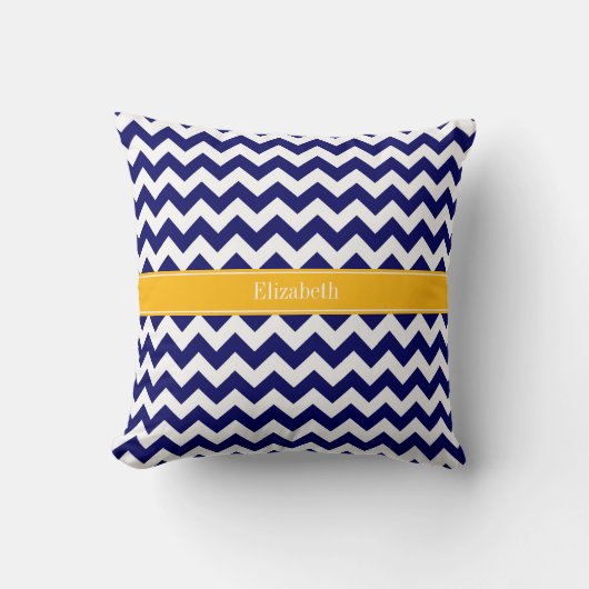 Marine Wit Chevron ZigZag Gulden Monogram Kussen (Voorkant)
