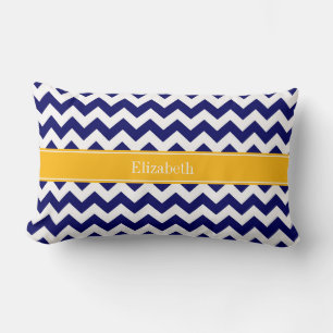 Marine Wit Chevron ZigZag Gulden Monogram Kussen
