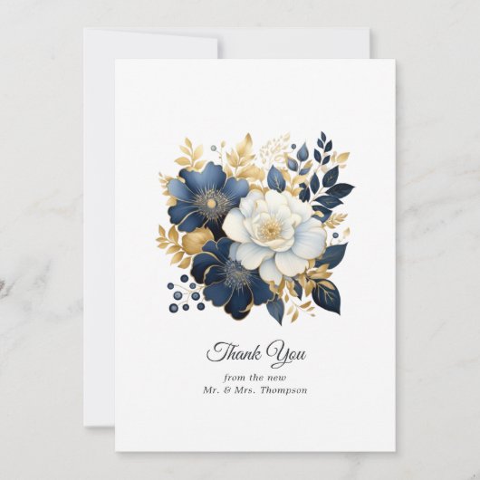 Marine, Wit en Goud Bloemen Bruiloft Bedankkaart (Voorkant)