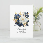 Marine, Wit en Goud Bloemen Bruiloft Bedankkaart (Staand voorkant)