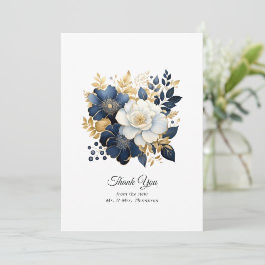 Marine, Wit en Goud Bloemen Bruiloft Bedankkaart (Staand voorkant)