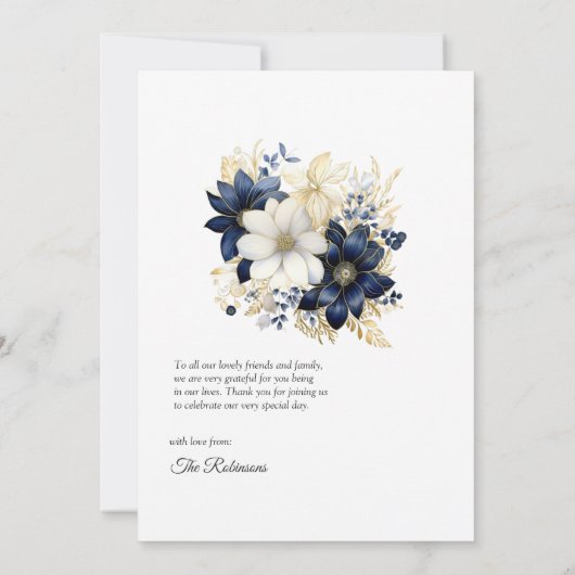 Marine, Wit en Goud Bloemen Bruiloft Bedankkaart (Achterkant)