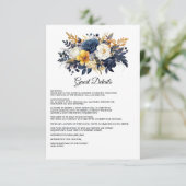 Marine, Wit en Goud Bloemen Bruiloft Gast Details Informatiekaartje (Staand voorkant)