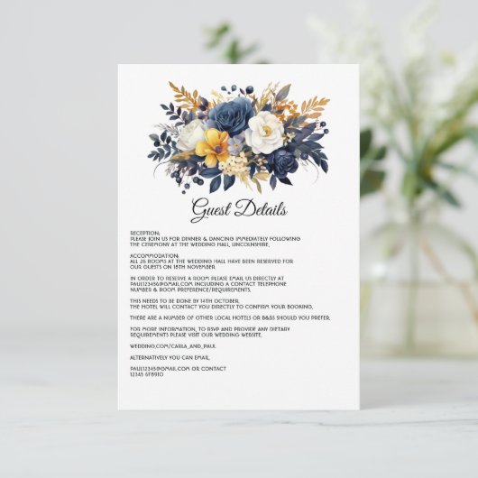 Marine, Wit en Goud Bloemen Bruiloft Gast Details Informatiekaartje (Staand voorkant)