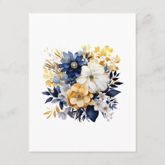 Marine, Wit en Goud Bloemen Bruiloft Gast Details Informatiekaartje (Achterkant)