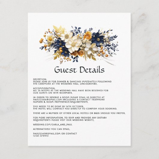 Marine, Wit en Goud Bloemen Bruiloft Gast Details Informatiekaartje (Voorkant)