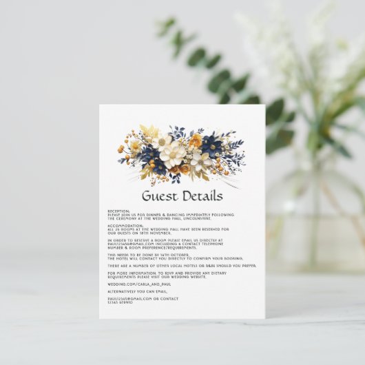 Marine, Wit en Goud Bloemen Bruiloft Gast Details Informatiekaartje (Staand voorkant)