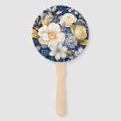 Marine, Wit en Goud Bloemen Bruiloft Handwaaier (Achterkant)